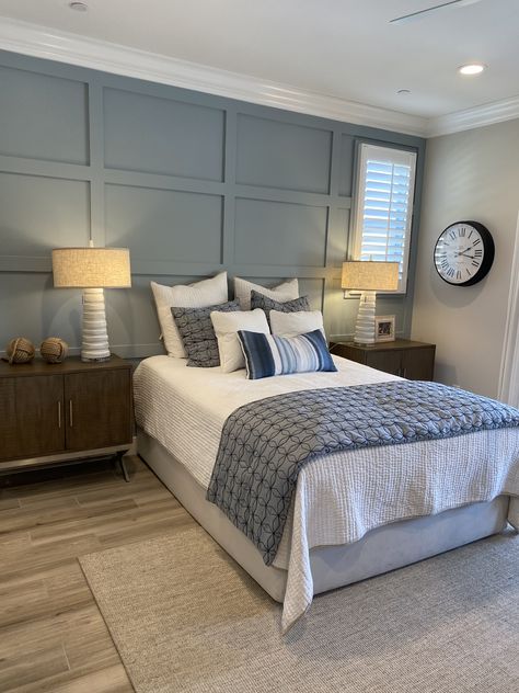 Bedroom Remodel Ideas. Board & Batten Wall in SW Stardew w/ SW Pure White Trim and SW Agreeable Gray Blue Gray Board And Batten Wall, Focus Walls Bedroom, Accent Wall In Grey Bedroom, Agreeable Gray With Blue Accent Wall, Bedroom Accent Wall With Window Ideas, Accent Color With Agreeable Gray, Accent Wall For Agreeable Gray, Slate Gray Accent Wall Bedroom, Panneling Rooms Bedroom Blue