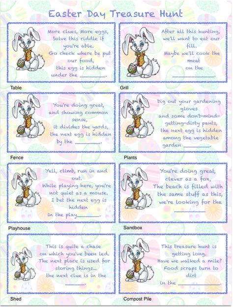 Free printable Easter Egg Hunt: mix-and-match clues plus a page of blanks to make up your own! Easter Egg Scavenger Hunt Clues, Easter Riddles, Easter Scavenger Hunt Clues, Egg Hunt Clues, Easter Egg Scavenger Hunt, Easter Egg Hunt Clues, Easter Treasure Hunt, Scavenger Hunt Riddles, Easter Scavenger Hunt