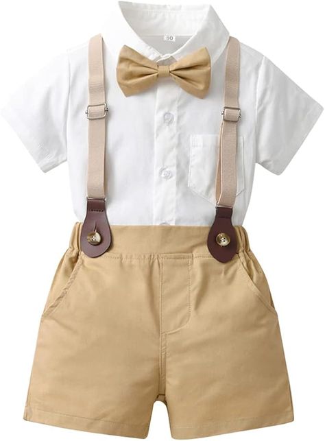 Amazon.com: IMEKIS Summer Toddler Baptism Christening Outfits for Boys Baby Wedding Outfit Dress Clothes Easter Shirt Bowtie Suspenders Shorts 1st Birthday Kids Formal Gentleman Suits White + Khaki 2-3T: Clothing, Shoes & Jewelry Boy Wedding Outfit, Wedding Outfit For Boys, Gentleman Outfit, Boy Fits, Toddler Romper, Old Dresses, Short Sleeve Dress Shirt