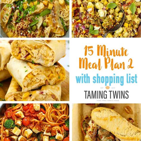 15 Minute Meals {Week 2} 20 Minute Healthy Dinners, 10 Min Meals, Family Meal Plan, Japanese Dumplings, 15 Minute Dinners, Slow Cooker Pasta, Family Meal Planning, 15 Minute Meals, Beef Sandwich