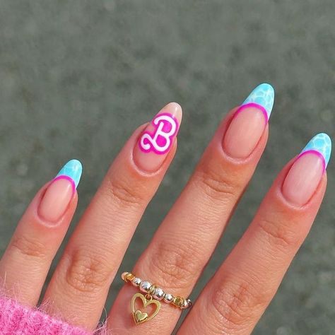 Barbie Blue Nails, Hot Pink Blue Nails, Barbie Nails Ideas, Malibu Barbie Nails, Barbie Theme Nails, Cool Pink Nails, Ken Nails, Barbie Nails Short, Christmas Theme Nails