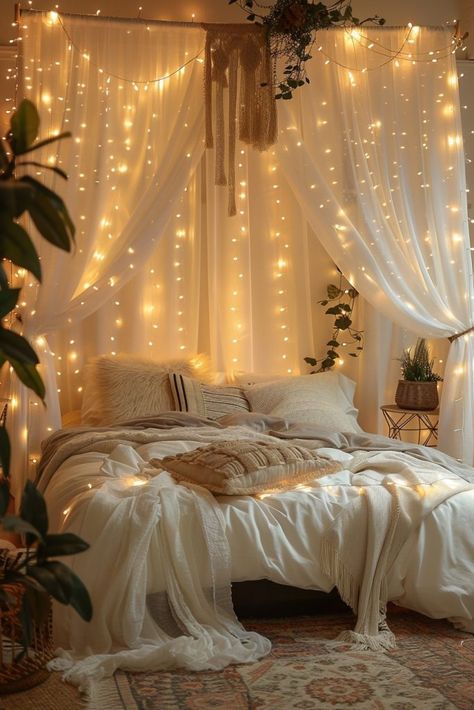 29 Boho Bedroom with Curtain Lights Ideas for a Dreamy Ambiance 22 Curtains On Slanted Ceiling, Bedroom Curtains Aesthetic, Curtain Lights Ideas, Curtain Lights Bedroom, Bedroom With Curtains, Layering Curtains, Boho Bedroom Lighting, Sun Bedroom, Cozy Bedroom Lighting