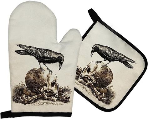 Amazon.com: Mingnei Raven Skull Halloween Oven Mitts and Pot Holders Sets, Goth Skull and Raven Heat Resistant Potholder Kitchen Decor for Cooking Baking BBQ Grilling, Skull Gothic Oven Glove Set, Gothic Gifts : Home & Kitchen Skull And Raven, Oven Mitts And Pot Holders, Halloween Pillows Covers, Raven Skull, Gothic Gifts, Halloween 1, Skull Halloween, Halloween Pillows, Hot Pad