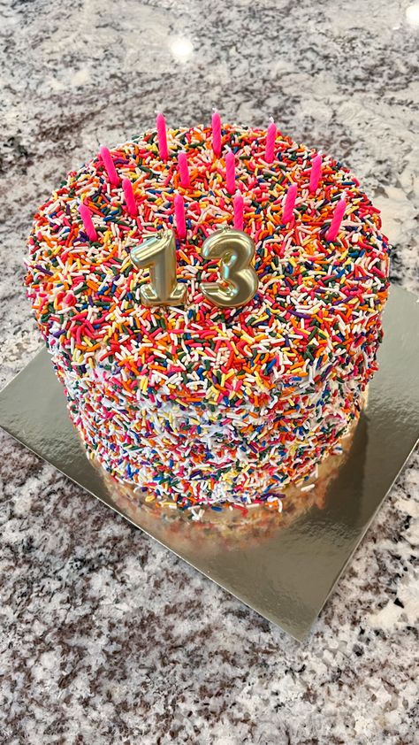 My 13 year-old daughter loves being creative in the kitchen, and I give her free reign to do her thing. She wanted to make her own birthday cake, so I said go for it! This is a FOUR LAYER 😳 vanilla and strawberry confetti cake with cream cheese frosting between the layers and a full sprinkle exterior. Wow!! The girls at her party LOVED it! #birthday #birthdayparty #birthdaycakeideas #birthdaydecoration #birthdaygirl #cakeideas #cake Birthday Cake For 11yrs Old Girl, Birthday Cake Inspiration, Delicious Halloween Treats, Free Reign, Confetti Cake, Cake With Cream Cheese Frosting, Birthday Idea, With Cream Cheese Frosting, Cute Birthday Cakes