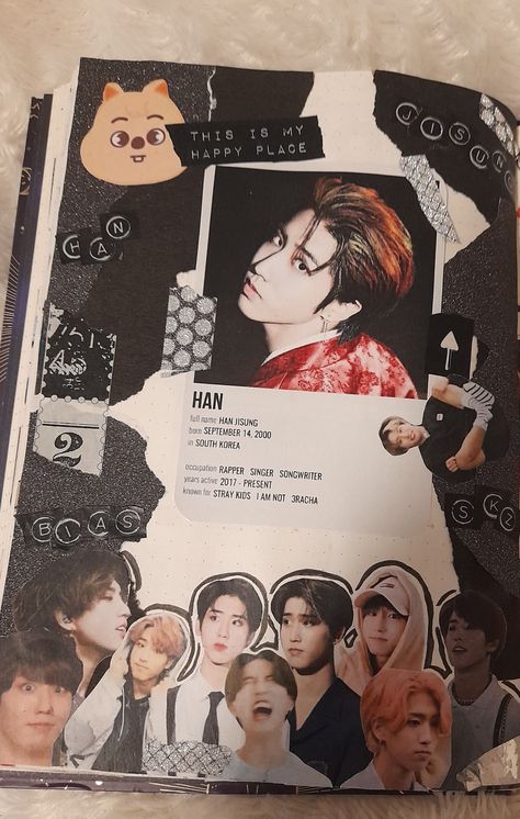 Stray Kids, Han Jisung, kpop journal Stray Kids Journal Ideas, Stray Kids Scrapbook, Stray Kids Journal, Straykids Journal, Skz Scrapbook, Skz Journal, Kids Sketchbook, Pop Book, Stray Kids Han