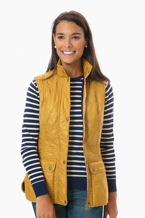 Barbour Gilet Outfit Women, Gold Vest Outfits For Women, Barbour Vest Outfit Women, Yellow Vest Outfit, Fall Vest Outfits, Barbour Vest, Vest Outfit Women, Preppy Vest, Gold Vest