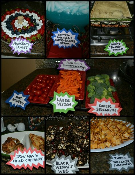 Avengers Birthday Party Food Ideas, Avenger Food Ideas, Marvel Avengers 5th Birthday Party, Avengers Birthday Party Favors, Marvel Party Snacks, Avengers Snacks Ideas, Superhero Snacks Parties Food, Marvel Themed Snacks, Avengers Food Ideas