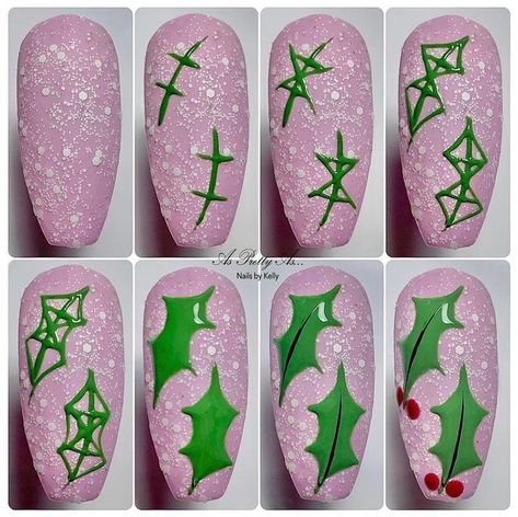 Kelly Scothorn on Instagram: "Holly!! Have you ever found yourself thinking of easier ways to draw things? Well this step by step I did last year will help with one way of drawing holly leaves. Now these pictorials are aimed at helping others in their nail art. This is why I share them. I am not for one minute saying this is the only way to draw holly, but it’s one way which might help. If you think it will help, then save it ♥️ Using @magpie_beauty products #everythingmagpie #asprettya Christmas Nail Designs Easy, Nail Art Noel, Christmas Nails Diy, Xmas Nail Art, Nail Tutorial Videos, Retro Nails, Manicure Nail Designs, Nail Art For Beginners, Christmas Gel Nails