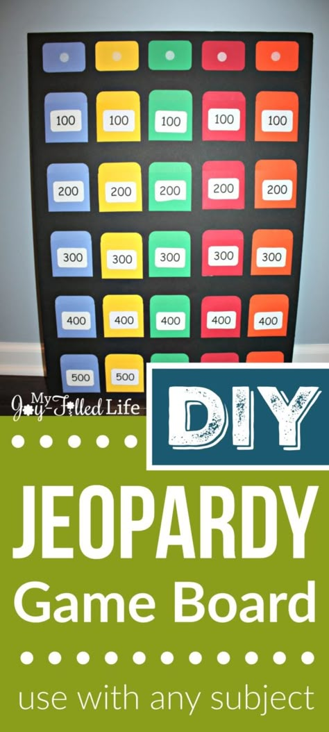 DIY Jeopardy Game Board - My Joy-Filled Life Jeopardy Board, Math Board Games, Jeopardy Game, Board Games Diy, Math Boards, Board Game Night, Therapy Games, Board Games For Kids, Classroom Games