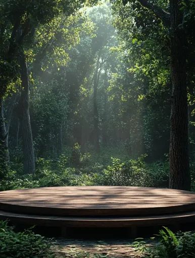 ↑↑↑ Larger size on website 🔸 A circular wooden platform sits in the middle of a dense forest. Sunlight peeks through the leafy ca 🔸 From Midjourney AI Image Forest Platform, Forest Temple, Dappled Light, Forest Floor, Wide Angle, Meditation, Art Images, Forest