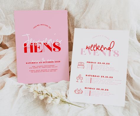 Hen Invites, Hen Party Invitations, Lana Pink, Hens Weekend, Pink Bridal Shower Invitations, Hens Party Invitations, Hen Weekend, Event Template, 80th Birthday Party