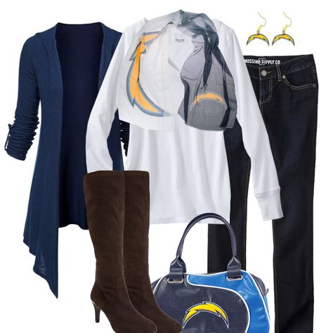 San Diego Chargers Fall Fashion Nfl Chargers, Chargers Nfl, Chic Boots, Dress Up Jeans, Game Outfit, Foosball, San Diego Chargers, Colored Cardigans, Team Photos