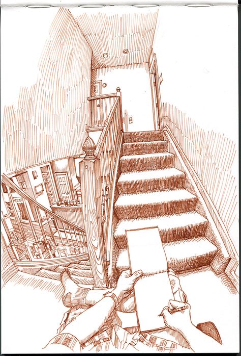 Derwent Sepia Graphik pen in Kunst & Papier sketchbook Sepia Pen Drawing, Curvilinear Perspective, Pov Drawing, Illustration Journal, Perspective Drawing Architecture, Sketchbook Project, Perspective Drawing Lessons, Observational Drawing, Perspective Art