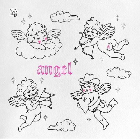 ✿ 𝓗𝓪𝓷𝓭~𝓟𝓸𝓴𝓮𝓭 𝓣𝓪𝓽𝓽𝓸𝓸𝓼 ✿ on Instagram: “☁️💓👼CHERUB FLASH 👼💓☁️ ✨All available, DM to claim!!!✨ . . . . . . . . . . . . . . . . . . . . #industrybaby #qttr #cherubtattoo…” Angel Cherub Tattoo, Angel Cowboy, Cowboy Tattoos, Cherub Tattoo, Angel Cherub, Hand Poked Tattoo, Angel Tattoo, Drawing Tutorial, Small Tattoos