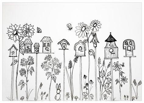 Garden Fence Drawing, Birdhouse Doodle, Birdhouses In The Garden, Birdhouse Drawing, Garden Drawing Simple, Birdhouse Tattoo, Black Pen Drawing, House Doodle, Bird Doodle