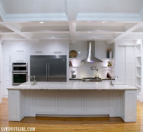 Hidden storage in Kitchen island hidden behind doors that look like panels. Narrow Kitchen Island, Country Kitchen Island, Island Cabinets, Kitchen Island With Stove, Green Kitchen Island, Freestanding Kitchen Island, Sawdust Girl, Kitchen Island Cabinets, Hidden Cabinet