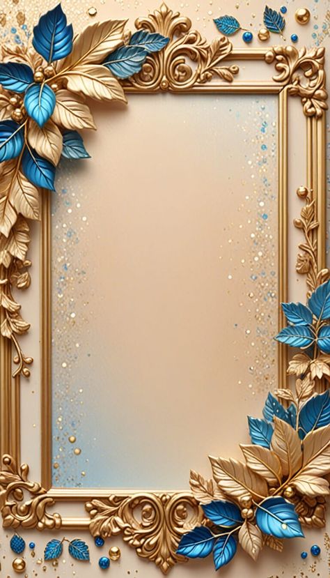 Wallpaper - frame with golden and blue leaves - AI creation Golden Flower Frame, Golden Frame Background, Blue Invitation Card, A4 Size Paper Border Design Flower, Blue And Gold Flowers, Wallpaper Frame, Sparkly Iphone Wallpaper, Royal Frame, Logo Frame