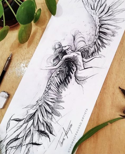 Bird Woman Tattoo, Winged Woman Tattoo, Unique Space Tattoos, Witchy Back Tattoo Women, Gods And Goddesses Tattoo, Mode Poses, Feather With Birds Tattoo, Tattoo Schrift, Arte Doodle