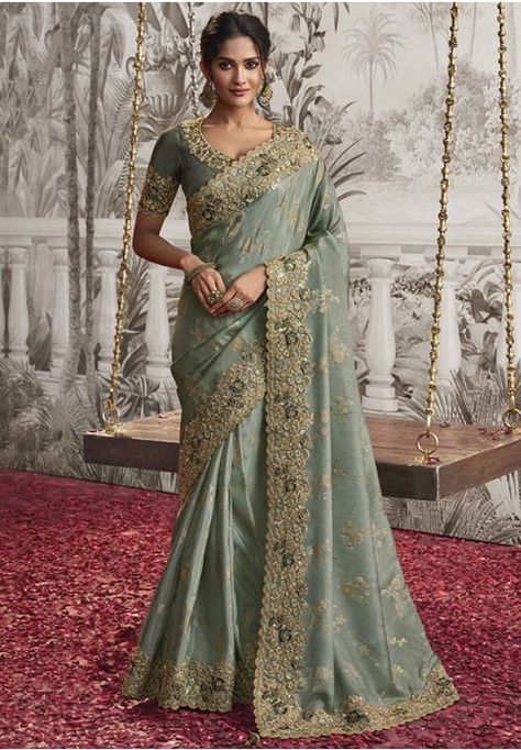 Mint Grey Embroidered Viscose Jacquard Designer Saree Mint Green Saree, Floral Work Blouse, Engagement Saree, Designer Silk Sarees, Ghagra Choli, Green Saree, Trendy Sarees, Chiffon Saree, Traditional Sarees