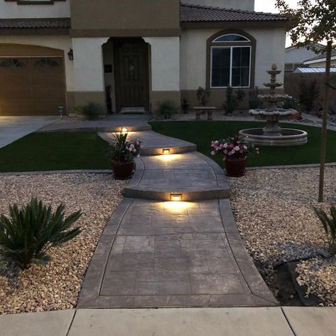 Entrance Ideas Entryway Outdoor, Front Yard Walkway Ideas Entrance Steps, Sidewalk Entry Landscaping, Sidewalk To Front Door From Driveway, Front Yard Landscaping Horseshoe Driveway, Front Door Patio Ideas Entrance, Drive Way Entrance Ideas, Front Yard Steps Pathways Concrete, Landscape Lighting Ranch House