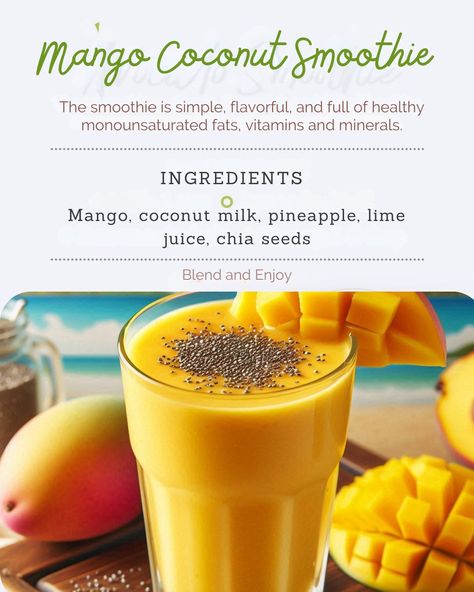 Tropical vibes in every sip! 🥭🥥 This Mango Coconut Smoothie is creamy, refreshing, and full of sunshine. Who’s ready for a taste of paradise? Mango Coconut Smoothie, Coconut Smoothie, Mango Coconut, Daily Meals, Tropical Vibes, Chicken Breast Recipes, Chia Seeds, Healthy Smoothies, Lime Juice