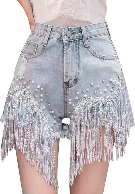 Women Jean Shorts Denim Shorts Women High Waisted Ripped Rhinestone Pearl Beaded Fringe Tassels Raw Hem Jean Shorts Solid Stretch Hot Shorts Flash Deals,Blue,XXL at Amazon Women’s Clothing store Ladies Denim Shorts, Summer Jean Shorts, Ladies Denim, Ripped Jean Shorts, Casual Bottoms, Summer Denim, Hot Shorts, Raw Hem Jeans, Jeans For Short Women