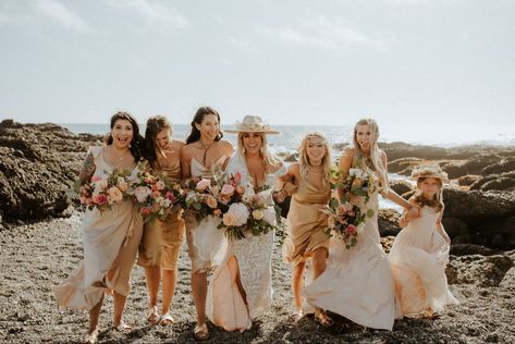 Tan gold blush bridesmaid dress ideas squad beach wedding boho bride florals flowers bouquet Latte Bridesmaid Dresses, Bridesmaid Dresses Ivory, Beach Wedding Boho, Gold Beach Wedding, Blush Bridesmaid Dress, Bridesmaid Dress Ideas, Lovers Society, Beach Bridesmaid, Obx Wedding