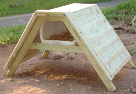 DIY, detailed plans, diagrams, and assembly instructions including pictures and printable downloads. The a-frame picnic table design was conceived by Chuck Gould of Isabella, MN. Barrel Dog House, Plywood House, Barrels Diy, Dogs House, Dog Crate Table, Build A Dog House, Diy Dog Crate, Landscape Timbers, Dog House Plans