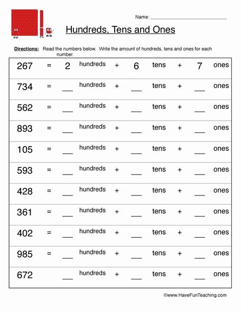 Thousand Hundred Tens And Ones Worksheet, Hundred Tens And Ones Worksheet, One Tens Hundreds Activities, Hundreds Tens And Ones Activities, Hundreds Tens And Ones Worksheet, Ones Tens Hundreds Chart, Tens Ones Worksheet, Tens And Units, Kindergarten Phonics