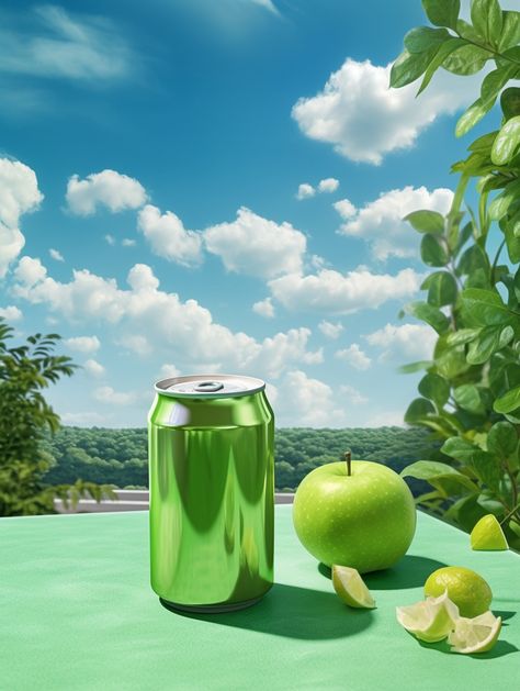 a close up of a green apple soda canned drink, with half cut and full green apples, and a laptop on an office green table, in the middle of a green garden with green leaves gently falling, against clear blue sky with clouds #green #close #greenarrow #greenbaypackers #closeupmakeup #greenteafacemist Smirnoff Apple, Smirnoff Ice Green Apple, Apple Soda, Tea Branding, Juice Ad, Office Green, Blue Sky With Clouds, Green Aesthetics, Smirnoff Ice