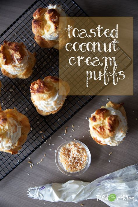 Toasted Coconut Cream Puffs // TriedandTasty Coconut Cream Puffs, Hawaiian Cream Puffs, Cream Puff Flavors, Cute Cream Puffs, Bear Cream Puff, Large Cream Puffs, Cream Puff Recipe, Puff Recipe, Pastry Desserts