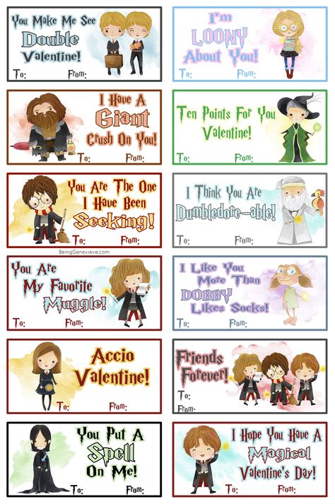 Free Printable Harry Potter valentines. These cute watercolor Harry Potter valentines are perfect for boys and girls. Harry, Ron, Hermione, Ginny, Weasley Twins, Luna, McGonagall, Hagrid, Dumbledore, Dobby, and even Snape. Valentines Ideas For Your Kids, Harry Potter Valentines Cards, Free Printable Harry Potter, Harry Potter Calendar, Printable Harry Potter, Harry Potter Valentines, Classe Harry Potter, Harry Potter Printables Free, Citate Harry Potter