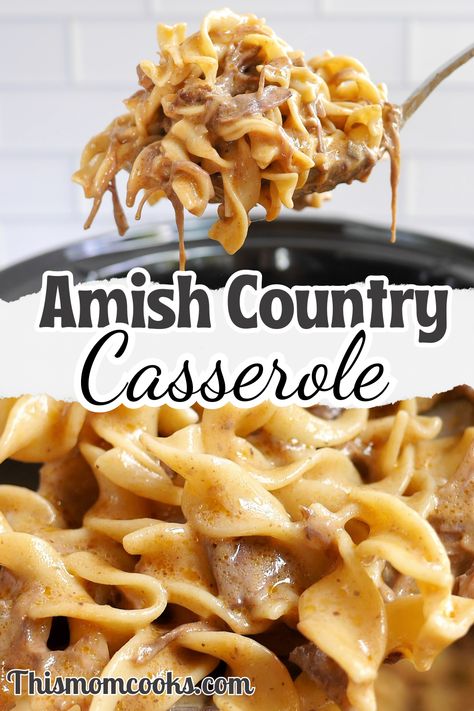 Slow cooker Amish country casserole with pasta and tender shredded beef in a creamy tomato and cream of mushroom based sauce. A great set it and forget it meal for a busy day! Amish Meals, Amish Country Casserole Recipe, Country Meals, Casserole With Pasta, Amish Country Casserole, Creamy Noodles, Country Casserole, Crockpot Soups, Mennonite Recipes