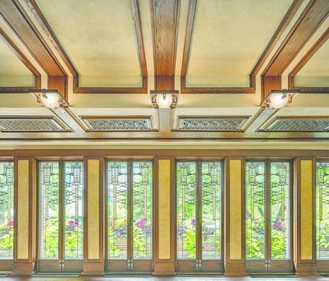 "The windows in Robie House are the most complex of [Wright’s] leaded glass designs," says Celeste Adams, president of the Frank Lloyd Wright Trust. #dwell #contemporaryhomedesignnews #franklloydwright #robiehouse Robie House Frank Lloyd Wright, Frank Lloyd Wright Robie House, Glass Front Entry Doors, Lloyd Wright Architecture, Robie House, Frank Lloyd Wright Architecture, Prairie House, House Restoration, Prairie Style