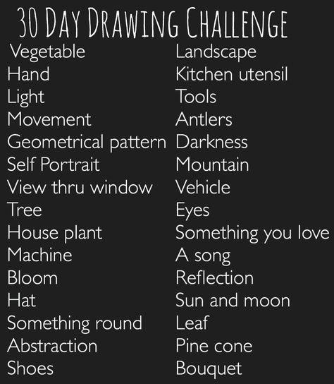 30 day drawing challenge. It's ok if you don't do it everyday. It's ok if you skip some, or think of others. The idea is that motion is lotion- sometimes it takes going through the motions to get the creative juices flowing! Sketchbook Prompts, 30 Day Art Challenge, Art Journal Challenge, 30 Day Drawing Challenge, Drawing Ideas List, Drawing Prompts, Creative Drawing Prompts, Writing Challenge, Drawing Prompt