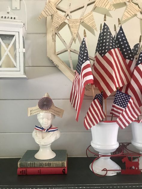 Vintage Patriotic Mantle Patriotic Mantle Decor, Vintage Patriotic Decor, Vintage Fourth Of July Decorations, Patriotic Mantle, Vintage Patriotic Nursery, Americana Cottage, Vintage Patriotic Vignettes, Farmhouse 4th Of July, Vintage Patriotic