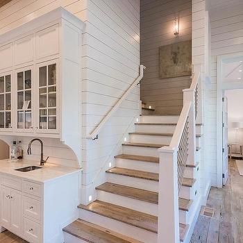 Beach Bungalow Wet Bar Next To Staircase Beach Bungalow, Beach Bungalows, Kitchen Design Decor, House Stairs, Pictures Ideas, Ship Lap Walls, House Goals, Wet Bar, Basement Remodeling