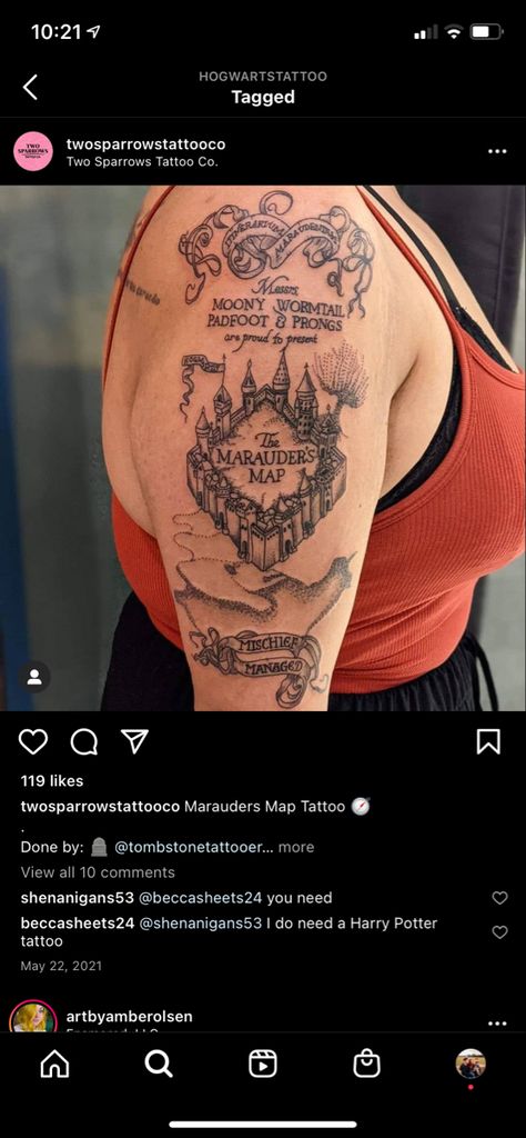 Maurders Map Tattoo, Ron Weasley Tattoo Ideas, Ron Weasley Tattoo, Marauders Map Tattoo, Mischief Managed Tattoo, Map Tattoo, Sparrow Tattoo, Map Tattoos, Harry Potter Tattoos