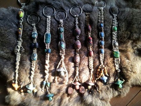 Some mushroom keychains I made out of hemp rope & polymer clay beads. Hemp Keychain Diy, Hemp Wrapped Stone Diy, Macrame Stone Keychain Diy, Hemp Keychain, Hemp Crochet, Hemp Crystal Necklace Diy, Hemp Bracelet Diy, Step By Step Hemp Necklace, Hemp Necklace With Pendant