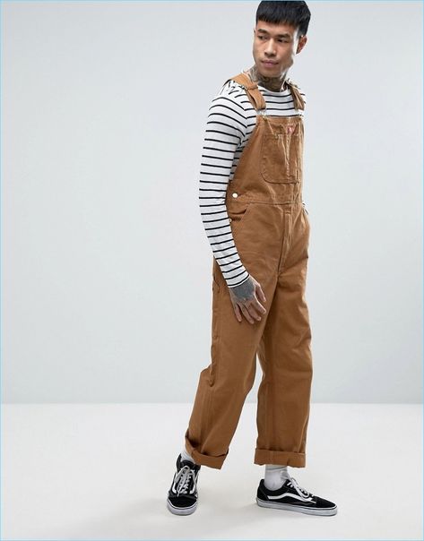 Channel a workerwear-inspired look with Dickies' relaxed tan overalls. Tan Overalls Outfit, Dickies Overalls Outfit, Overalls Outfit Winter, Overalls Men Fashion, Dickies Outfit, Brown Overalls, Dickies Overalls, Japanese Mens Fashion, Trendy Overalls