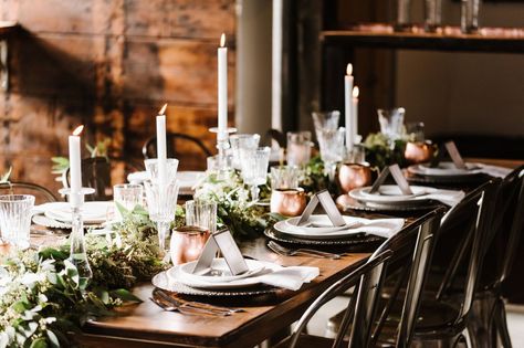 Industrial Speakeasy-Inspired Rehearsal Dinner | Green Wedding Shoes Rehearsal Dinner Themes, Rehearsal Dinner Planning, 1920s Theme, Rehearsal Dinner Favors, Dinner Planning, Rehearsal Dinner Decorations, Fall Barn Wedding, Wedding Invitations Leaves, Reception Tablescapes