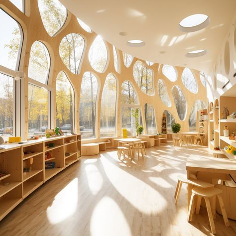 "Step into the inviting interior of a preschool bathed in natural light from expansive straight windows, creating a warm and bright learning environment." Classroom Interior, Kids Library, School Aesthetic, Learning Environments, Large Windows, Primary School, School Design, Interior Spaces, Natural Light