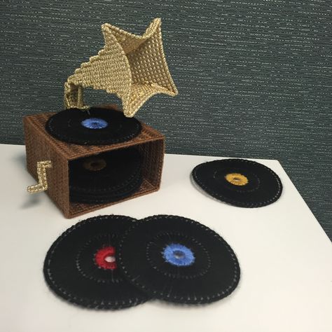 Record Player Coasters Crochet Record Player, Crochet Music, Gloves Crochet Pattern, Crochet Furniture, Fingerless Gloves Crochet, Gloves Crochet, Fingerless Gloves Crochet Pattern, Crochet Fingerless Gloves, Crochet Kitchen