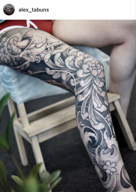 Japanese dotwork leg sleeve tattoo with chrysanthemums and waves Japanese Leg Sleeve Women, Japanese Leg Sleeve Tattoos, Asian Sleeve Tattoo, Leg Skeleton, Japanese Leg Sleeve, Traditional Tattoo Leg Sleeve, Traditional Japanese Tattoo Sleeve, Botanical Tattoo Design, Japanese Leg Tattoo