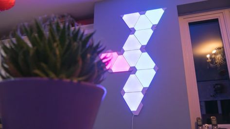 Nanoleaf Light Panels: Smart Lighting Doesnt Get Any Better Than This Nanoleaf Design Ideas Hexagon, Nanoleaf Design Ideas, Nanoleaf Panels, Nanoleaf Designs, Nanoleaf Lights, Leaf Ideas, Rgb Lights, Video Game Room Design, Light Panels