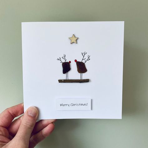 IzzysBeachArt - Etsy UK Sea Glass Christmas Cards Handmade, Seaglass Christmas Cards, Sea Glass Christmas Cards, Seaglass Cards, Cornish Christmas, Sea Glass Card, Sea Glass Christmas, Falmouth Cornwall, Reindeer Card