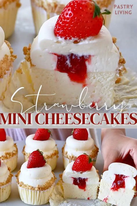 Learn how to make amazing strawberry mini cheesecakes with simple steps. The smooth cheesecake with fluffy cream & homemade jam tastes divine! Whipped Cream Homemade, Smooth Cheesecake, Cheesecake Cupcake, Strawberry Cheesecakes, Mini Strawberry Cheesecake, Mini Cheesecakes Easy, Snack Dinner, Homemade Strawberry Jam, Best Cheesecake