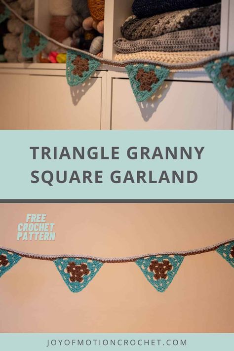 The Triangle Granny Square Garland is an easy pattern to spruce up any corner of your home. It's a wonderful way to include some crochet details in your home. The triangle grannies are just a traditional granny square with one less corner and great for beginners and beyond. Pick your favorite yarn colors or crochet this as a seasonal garland. Granny Bunting Triangles, Triangle Granny Square, Seasonal Garland, Crochet Garlands, Traditional Granny Square, Crochet Bunting, Granny Square Sweater, Foundation Single Crochet, Crochet Garland