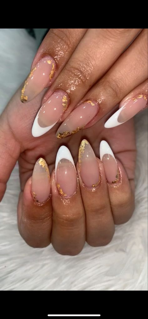 Gold Flake French Nails, Almond Gold Foil Nails, Gold Flakes Almond Nails, Gold Foil Nail Designs Almond, Oval Nails With Gold Flakes, Acrylic Nail Designs With Foil, Almond Nails Designs Gold Flakes, French Tip Nails With Foil, Gold Flake Nails French Tip