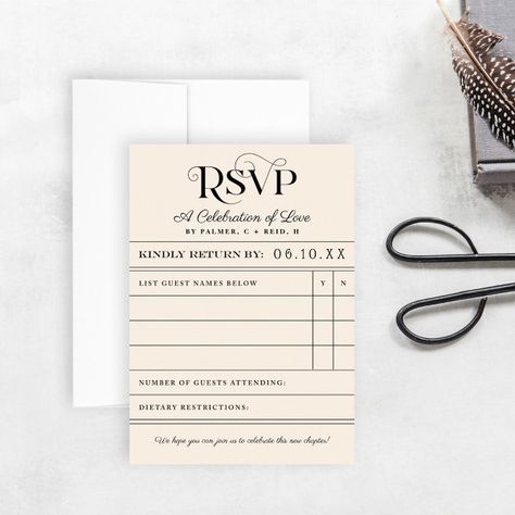 Vintage Library Book Card Wedding RSVP Card Book Themed Wedding, Literary Wedding, Cream Color Scheme, Wedding Announcement Cards, Snow Wedding, Book Theme, Wedding Rsvp Cards, Vintage Library, Wedding Rsvp Card